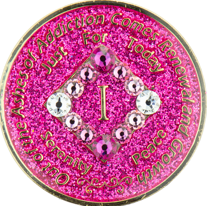 #N12. NA Glitter Pink Coin w Pink Crystals (1-45)