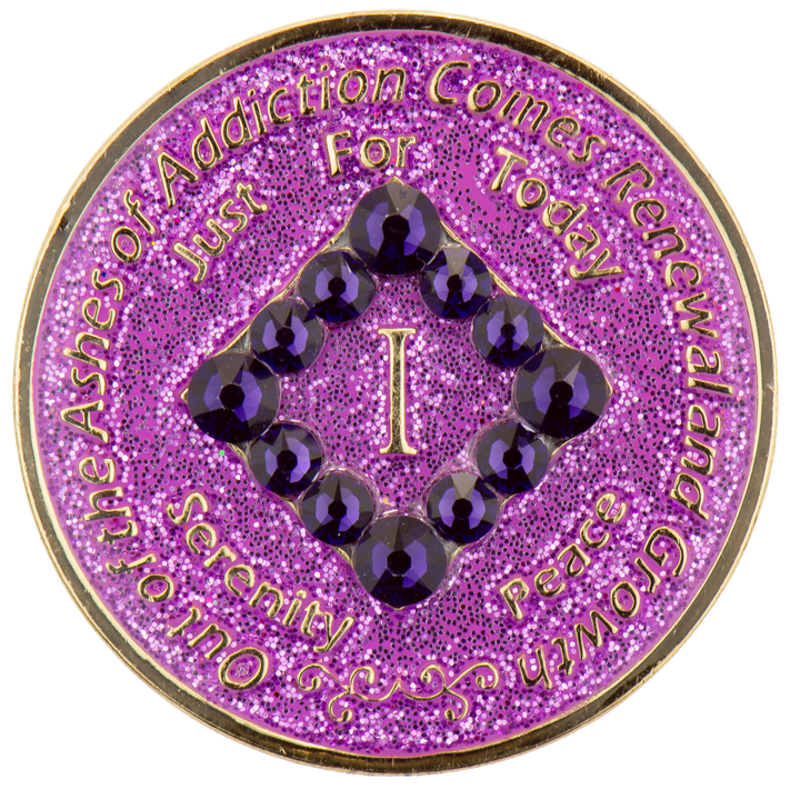 #N18. NA Glitter Lavender Coin w Purple (1-45) - Premium Medallions from Choices - Just $21.95! Shop now at Choices Books & Gifts