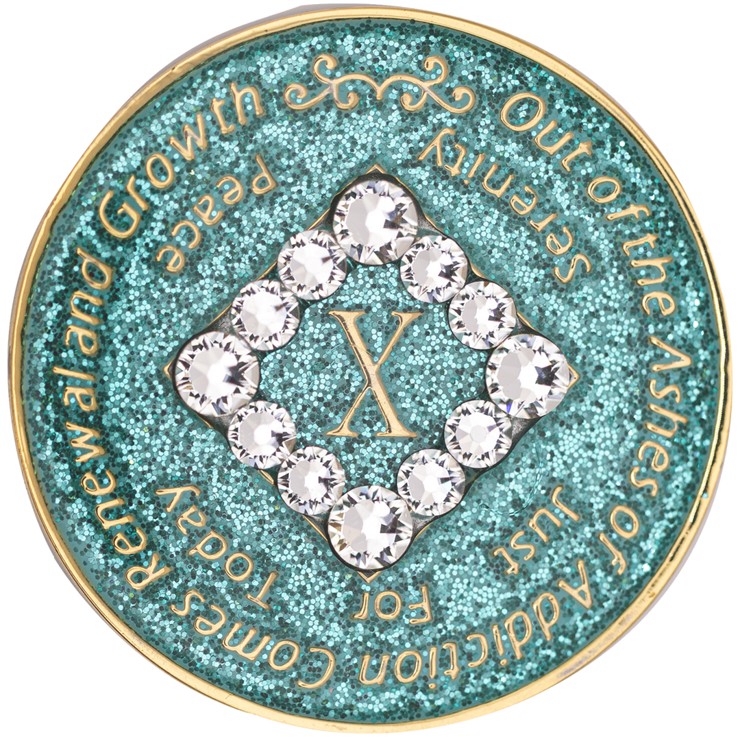 #N23. NA Glitter Turquoise Coin w White Bling Crystals (1-45)