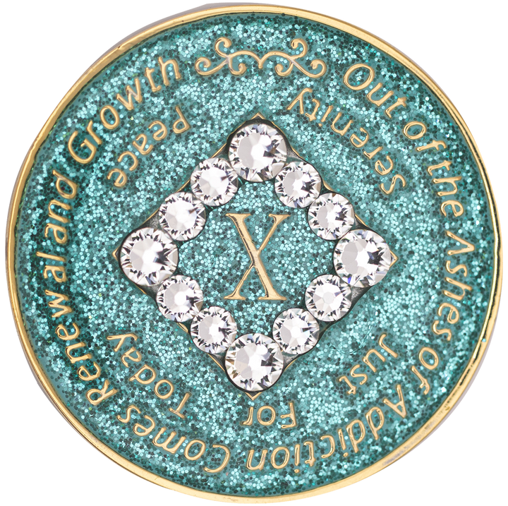 #N23. NA Glitter Turquoise Coin w White Bling Crystals (1-45)