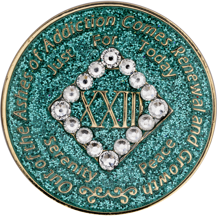 #N23. NA Glitter Turquoise Coin w White Bling Crystals (1-45)