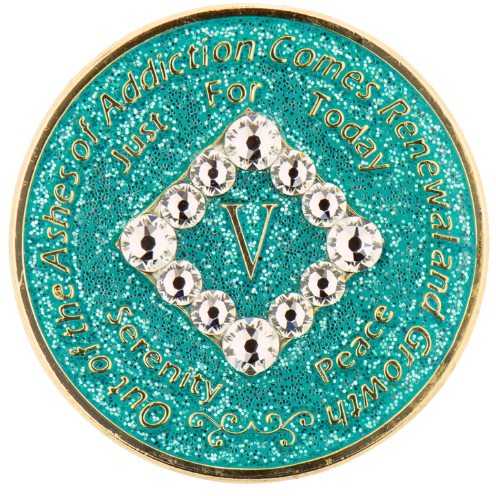 #N23. NA Glitter Turquoise Coin w White Bling Crystals (1-45) - Premium Medallions from Choices - Just $21.95! Shop now at Choices Books & Gifts