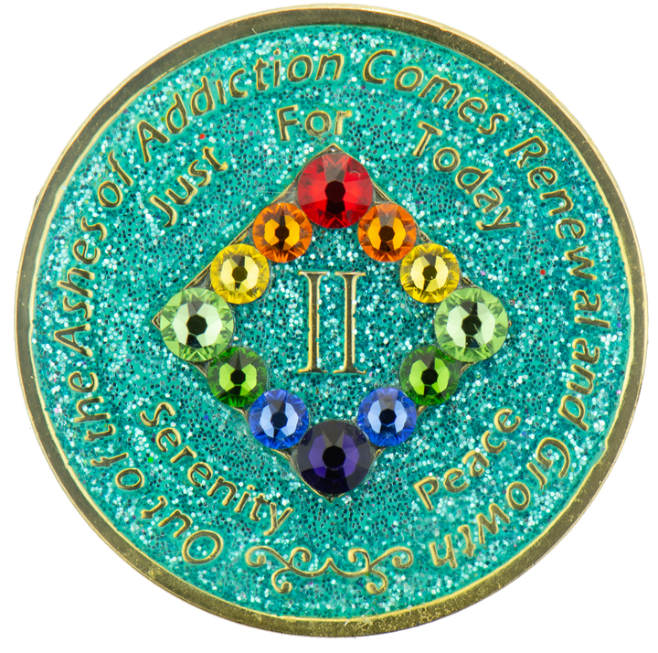 #N26. NA Glitter Turquoise Coin w LGBT Crystals (1-45) - Premium Medallions from Choices - Just $21.95! Shop now at Choices Books & Gifts