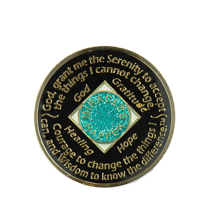 #N26. NA Glitter Turquoise Coin w LGBT Crystals (1-45) - Premium Medallions from Choices - Just $21.95! Shop now at Choices Books & Gifts