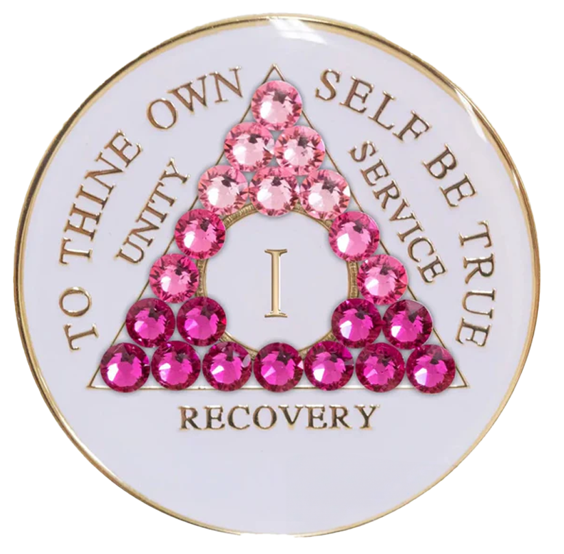 #a01. AA Coin Glow in Dark Coin w Pink Crystals (1-65).