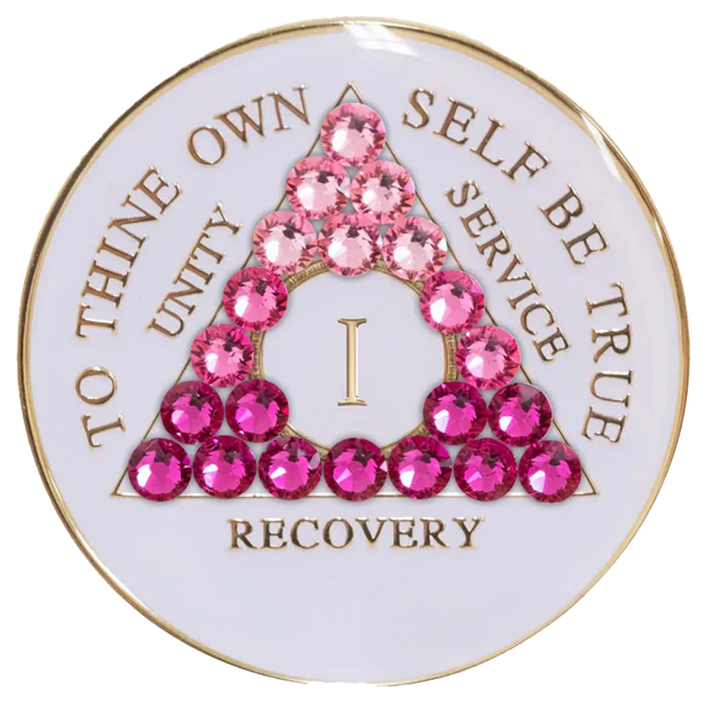 #a01. AA Coin Glow in Dark Coin w Pink Crystals (1-65).