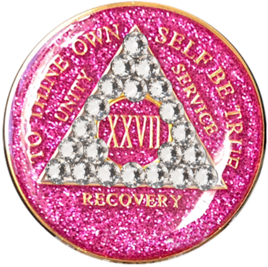 #a15. AA Glitter Pink Coin w White Crystals (1-65) - Premium Medallions from Choices - Just $21.95! Shop now at Choices Books & Gifts