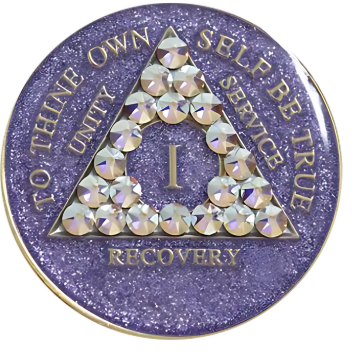 #a32. AA Glitter Lavender Coin w Aurora Borealis White Crystals (Yrs 1-65)