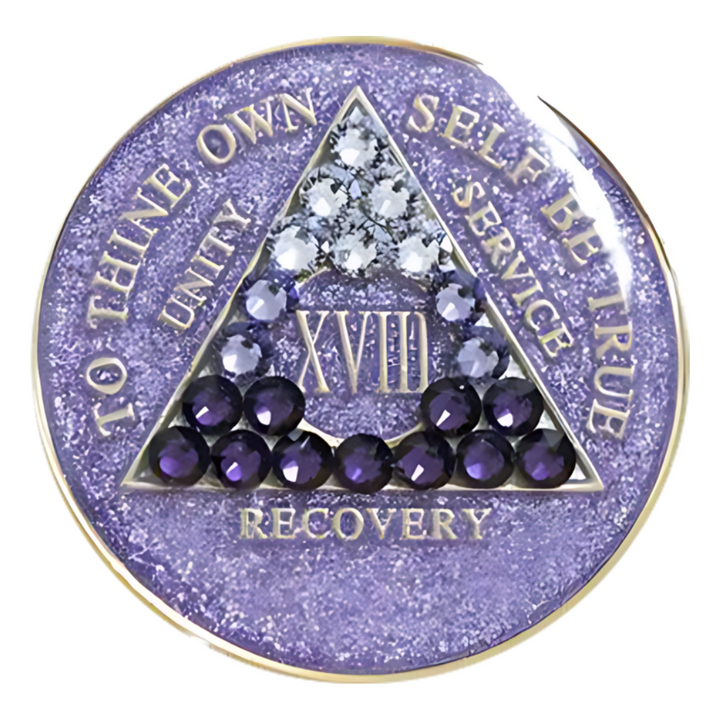 #a35. AA Chip Glitter Lavender Coin w Purple Crystals (1-65)