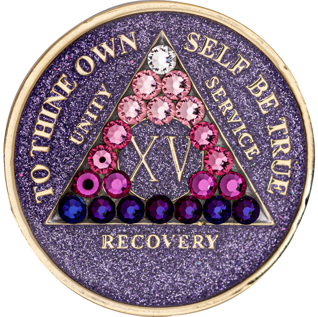 #a36. AA Chip Glitter Lavender Coin W Pink Crystals (1-65)