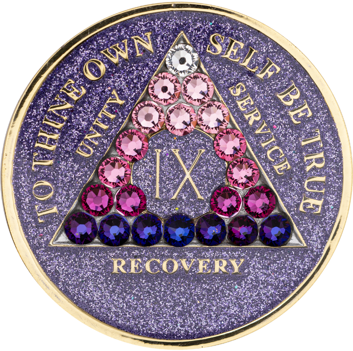 #a36. AA Chip Glitter Lavender Coin W Pink Crystals (1-65)