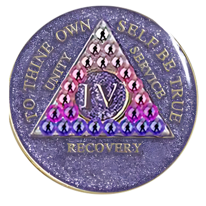 #a36. AA Chip, Glitter Lavender Coin W Pink gradient Crystals (1-65)