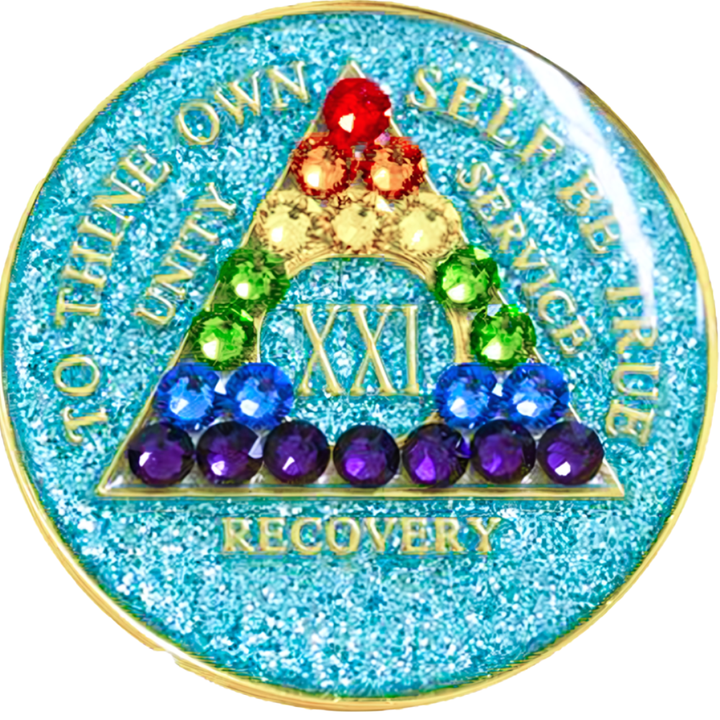 #a55. AA Glitter Turquoise Coin w LGBT Crystals (1-50)